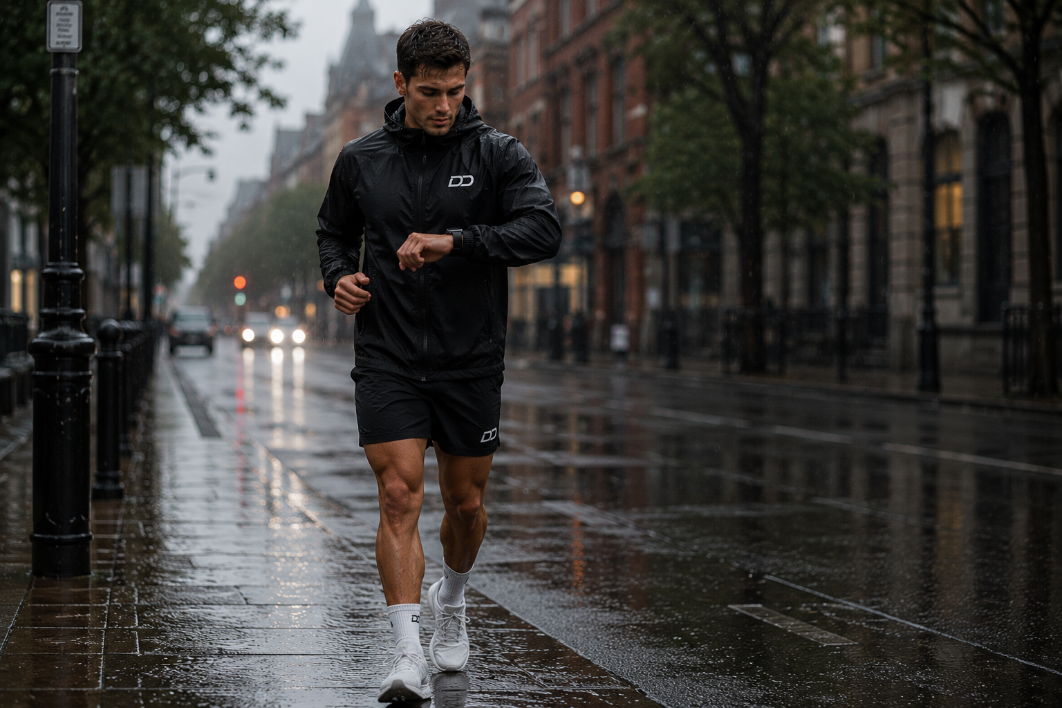 DD Active™ runner training on a rainy city street